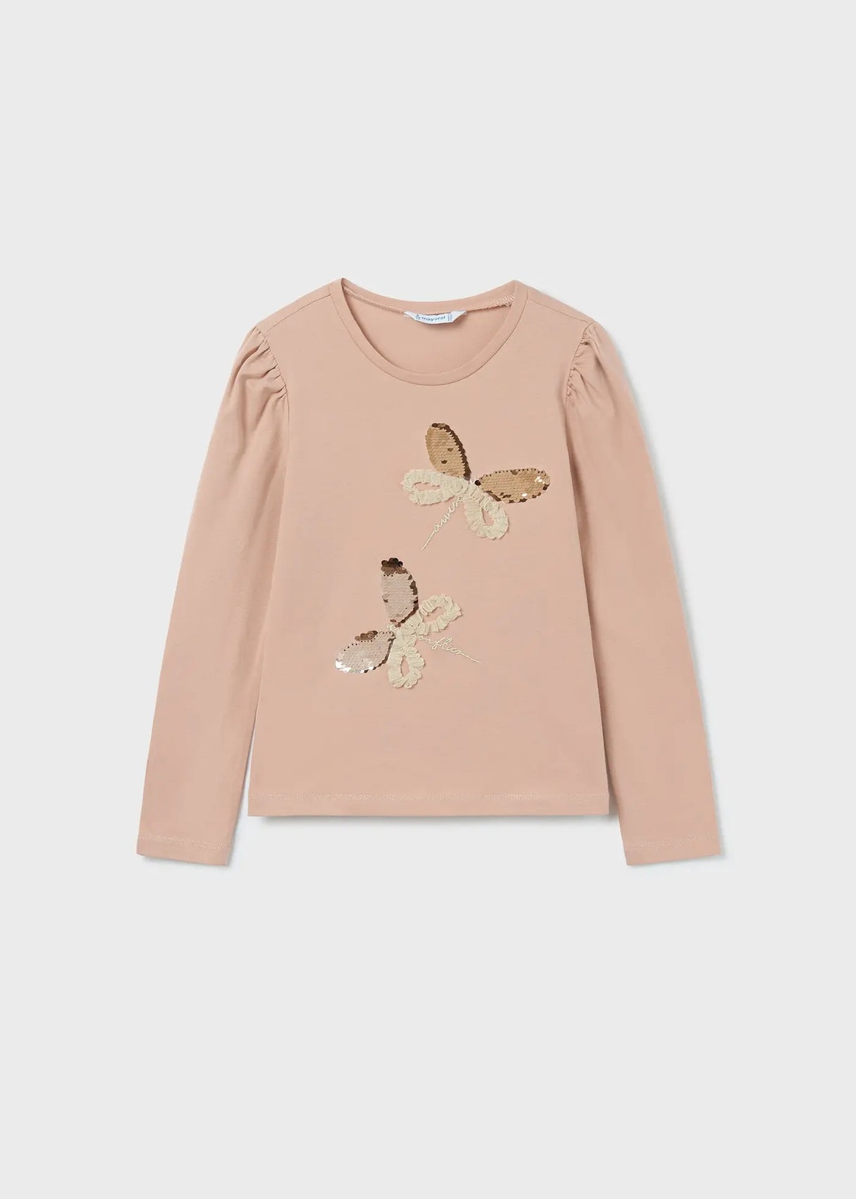 Mayoral girls Beige dragonfly long sleeve T-shirt with sequin details and soft cotton stretch.