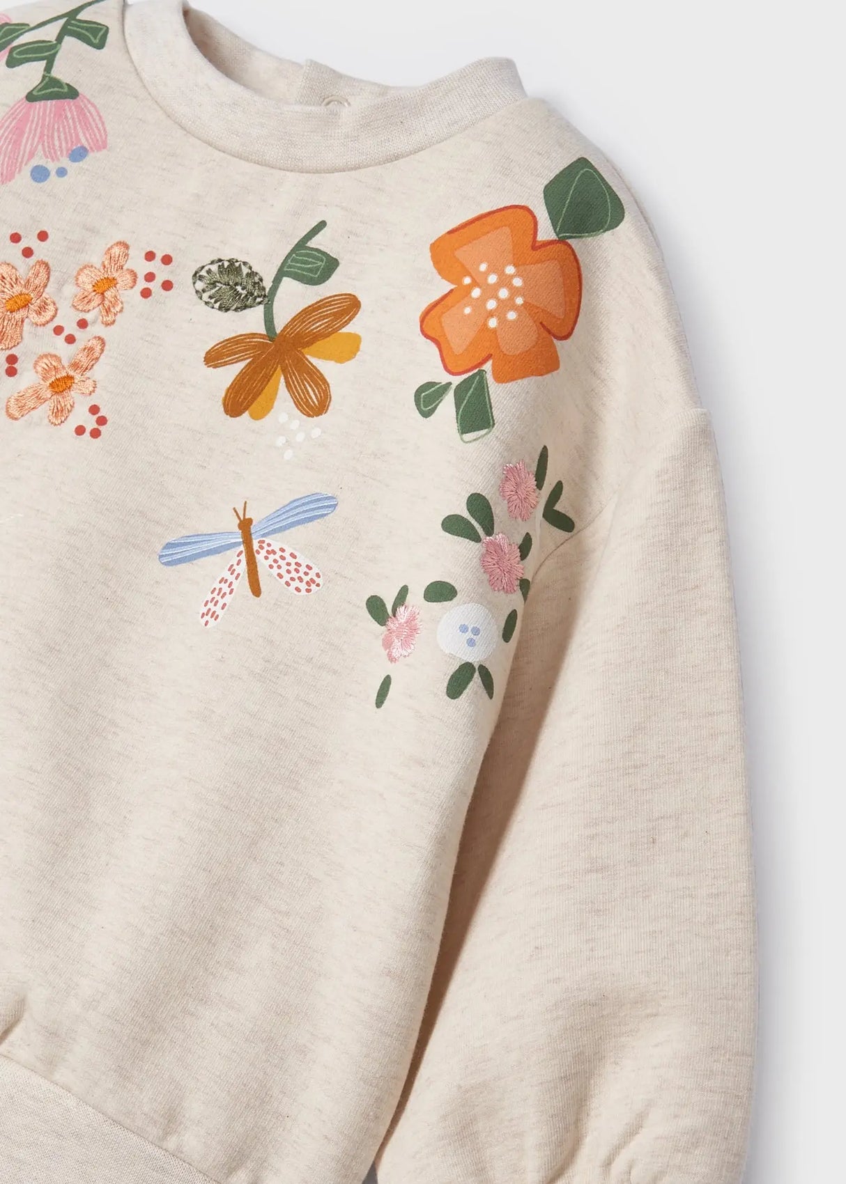 Closeup of Mayoral baby girl floral sweatshirt showing embroidery and soft Lino cotton fabric.