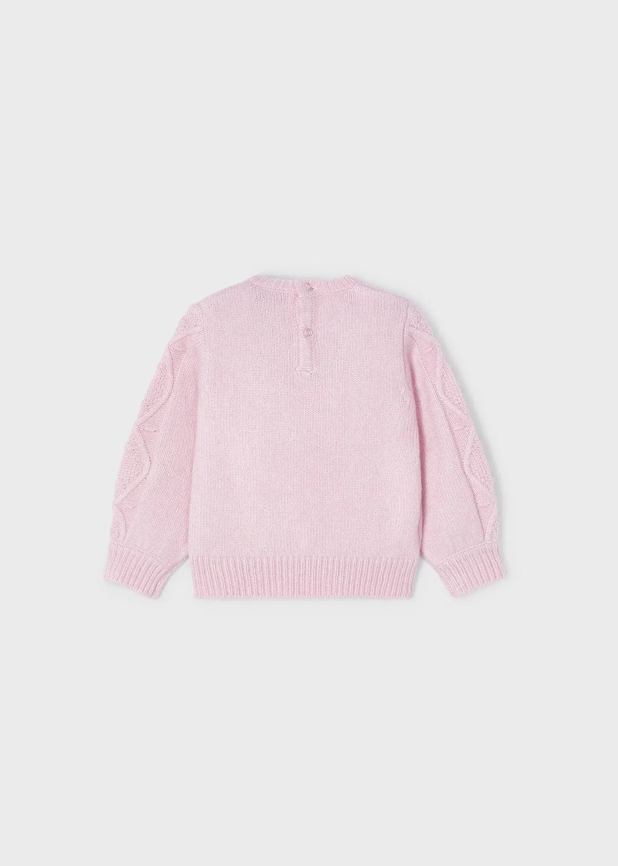 Back view of Mayoral baby girl Pink sweater showing button opening and soft knit fabric.