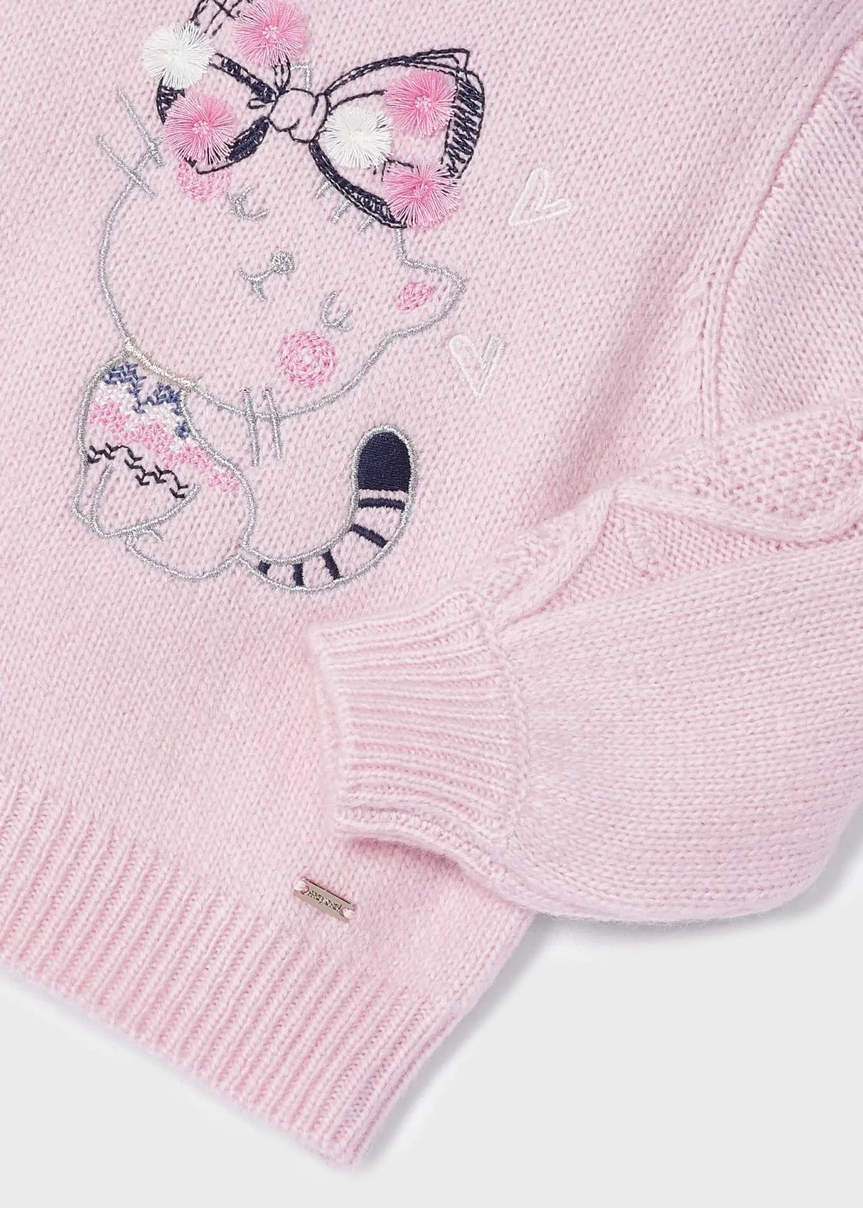 Closeup of Mayoral baby girl embroidered sweater showing front detail, cuff, and Pink knit fabric.