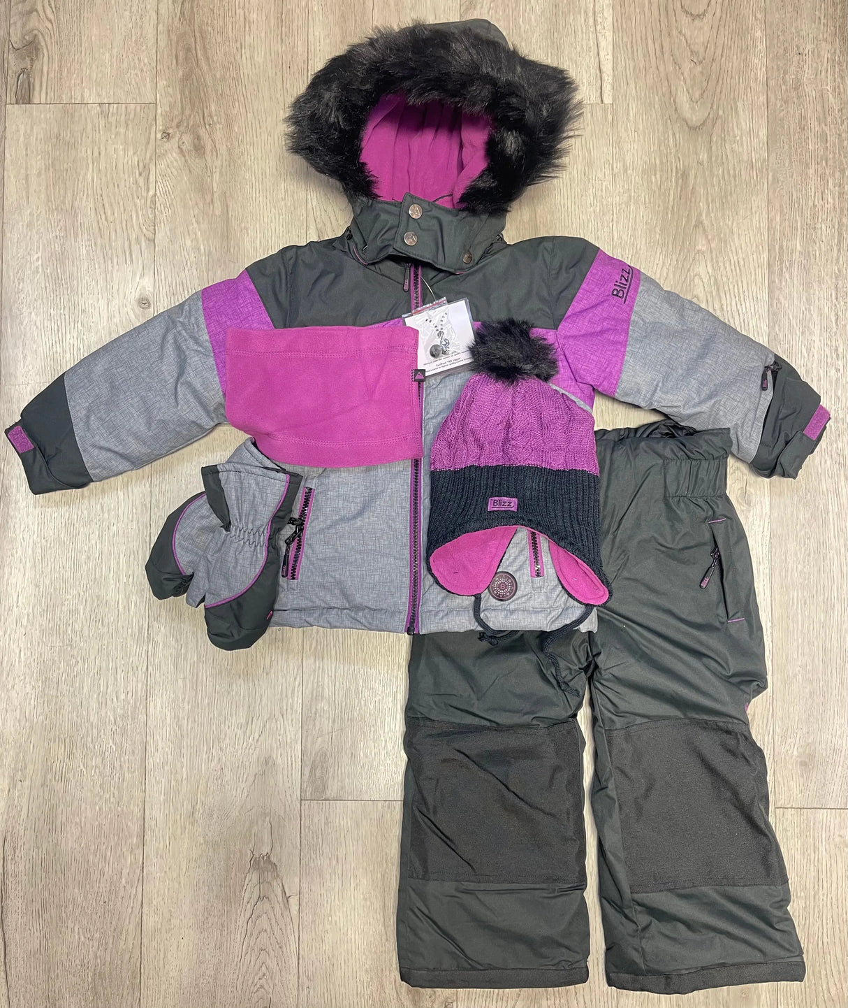 Blizz girls 5-piece snowsuit set in Beautyberry with jacket, snow pants, toque, neck warmer, and mitts.
