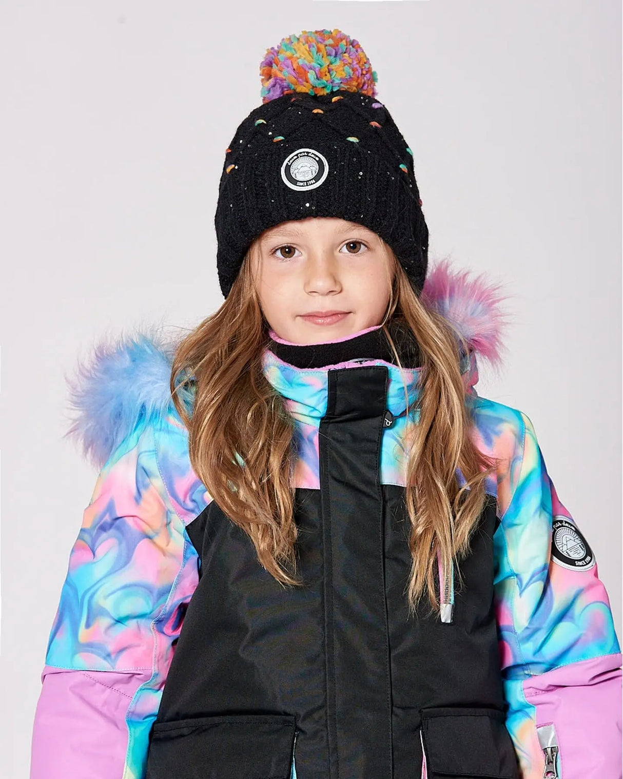 Lined Knit Pompom Hat Black And Multicolor With Little Sequins | Deux par Deux | Jenni Kidz