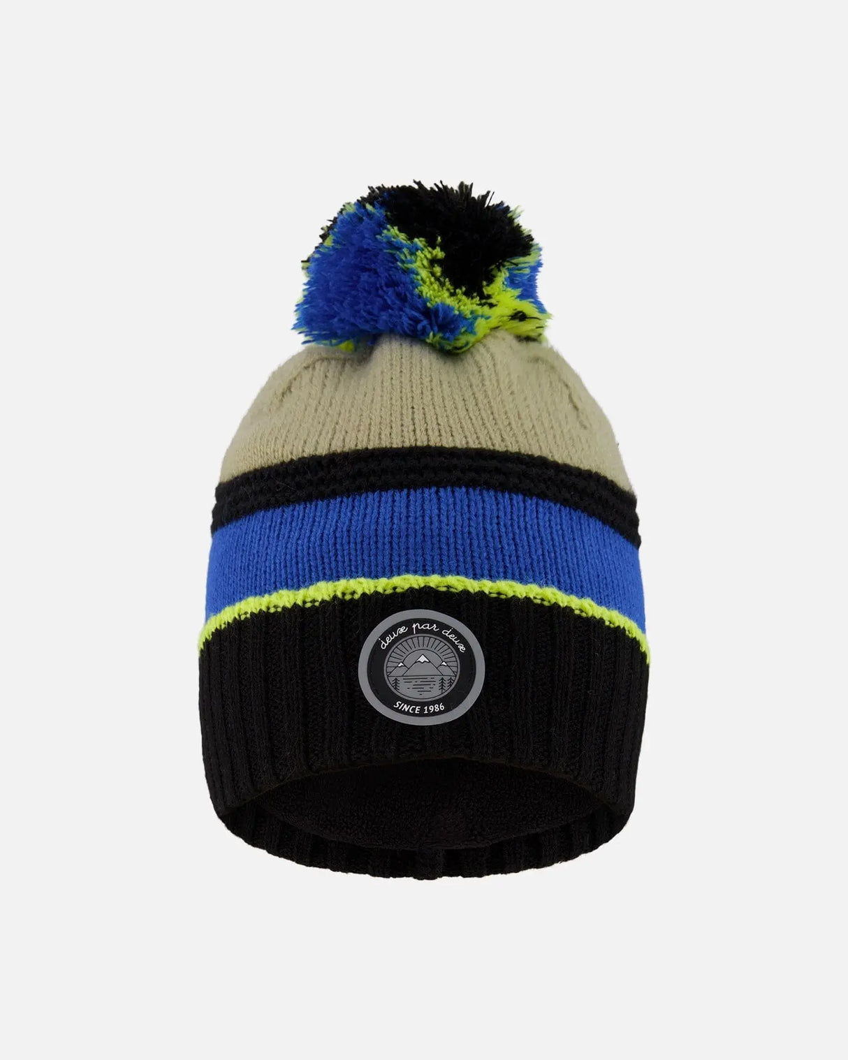Lined Knit Pompom Hat Black, Taupe And Lime Green | Deux par Deux | Jenni Kidz