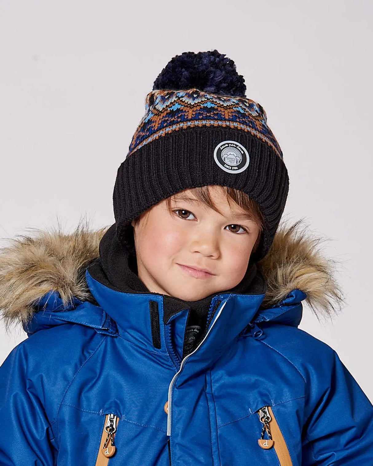 Lined Knit Winter Hat With Pompom Taupe And Navy | Deux par Deux | Jenni Kidz