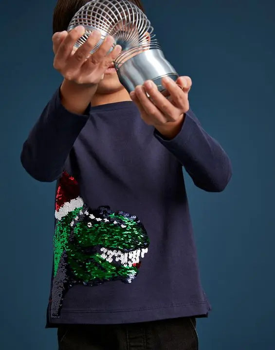 Long Sleeve Two-way Sequin Christmas Dinosaur T-Shirt | Joules | Joules | Jenni Kidz