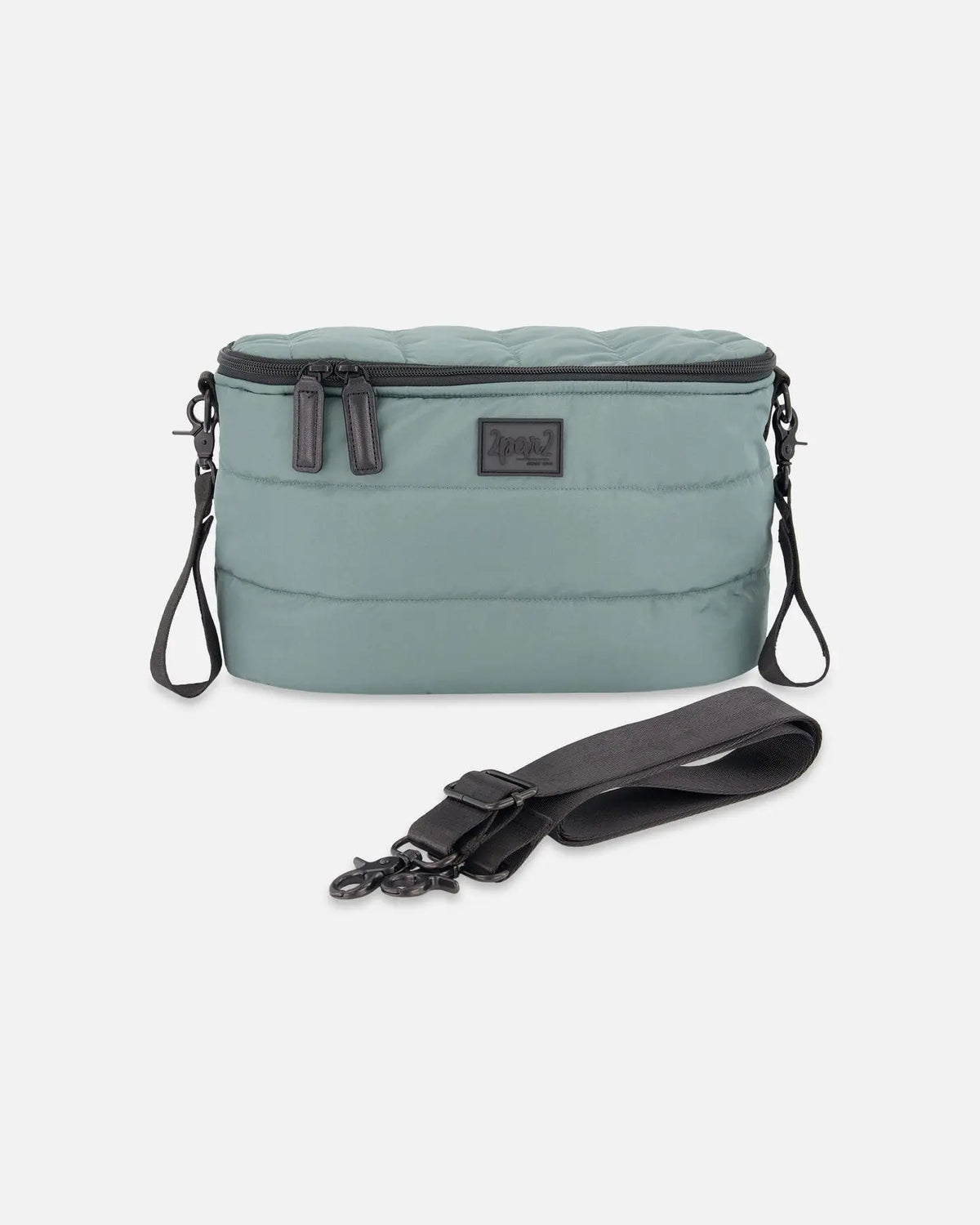 Deux par Deux sage green quilted mini diaper bag with stroller clips and a black shoulder strap