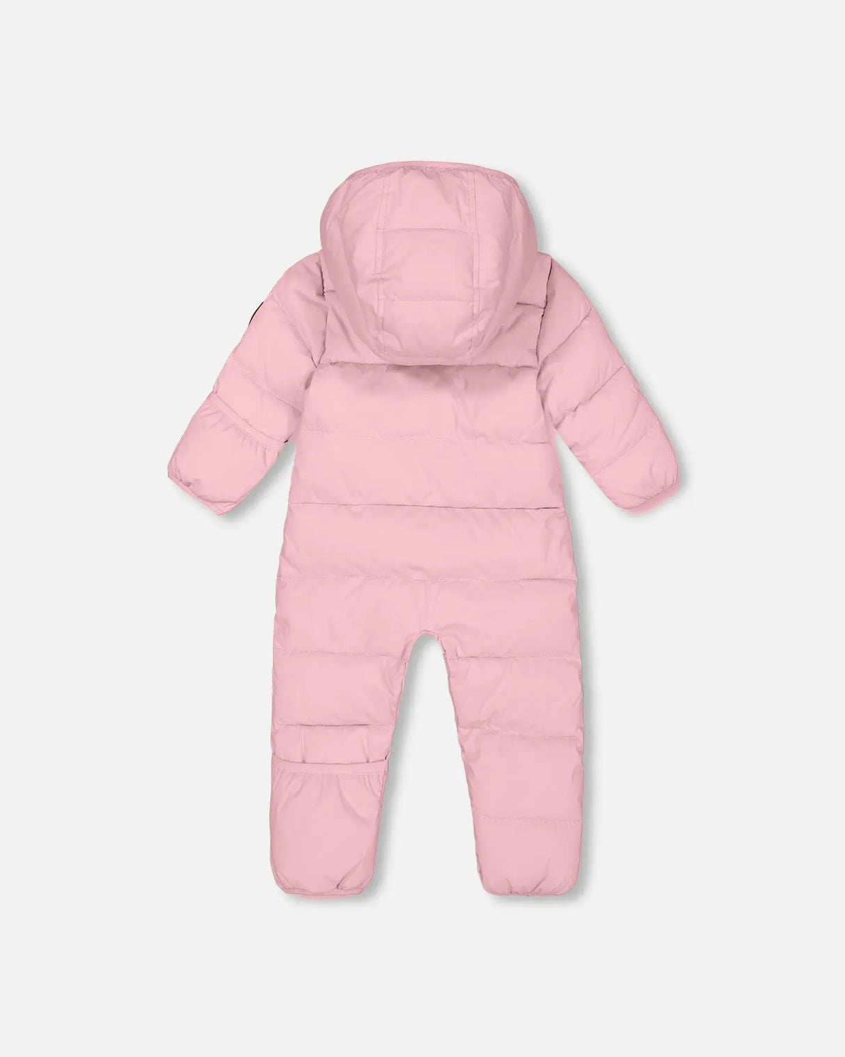 Back view of compressible baby car seat snowsuit pink