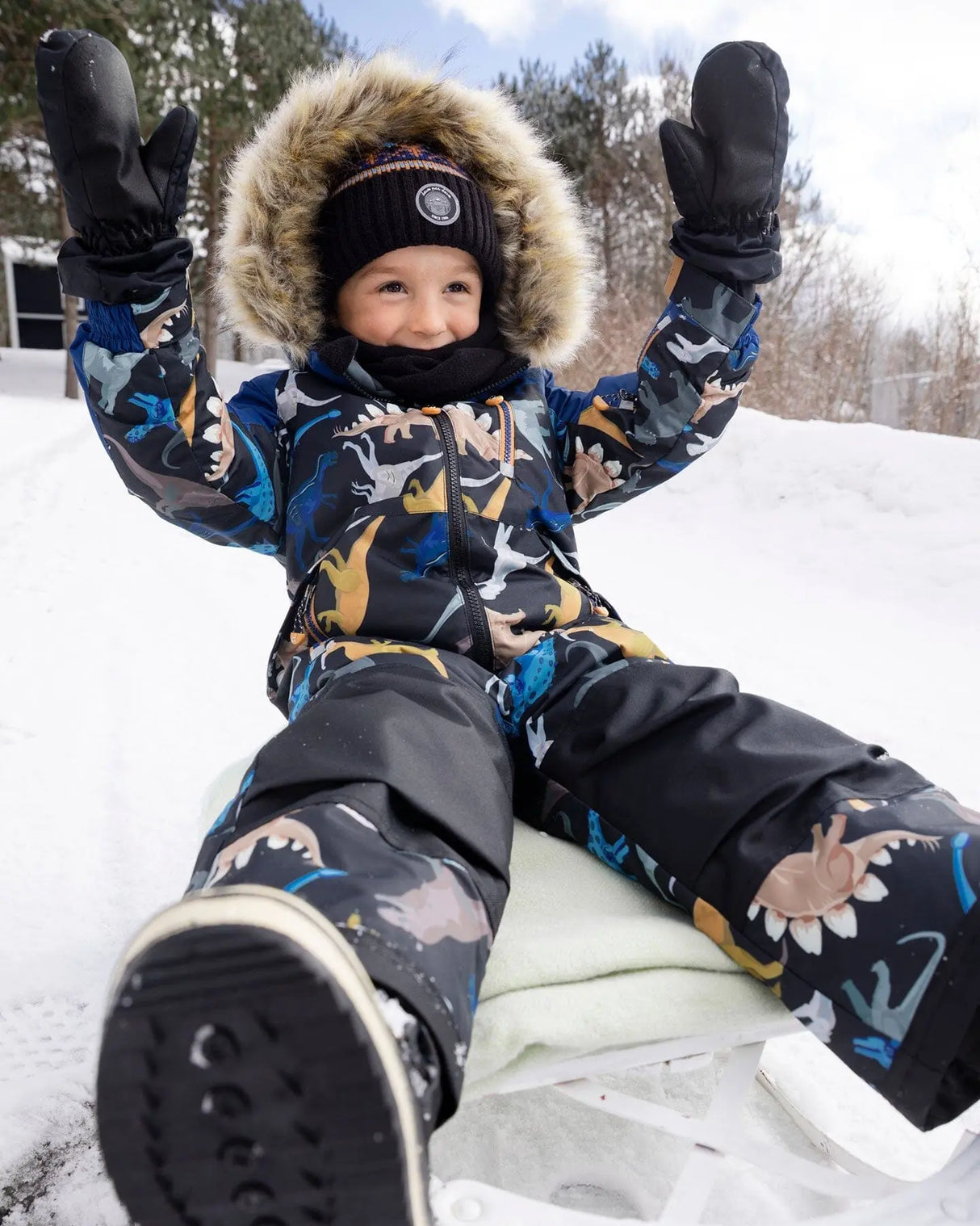 One-Piece Play Snowsuit Black Dinosaur Print | Deux par Deux | Jenni Kidz