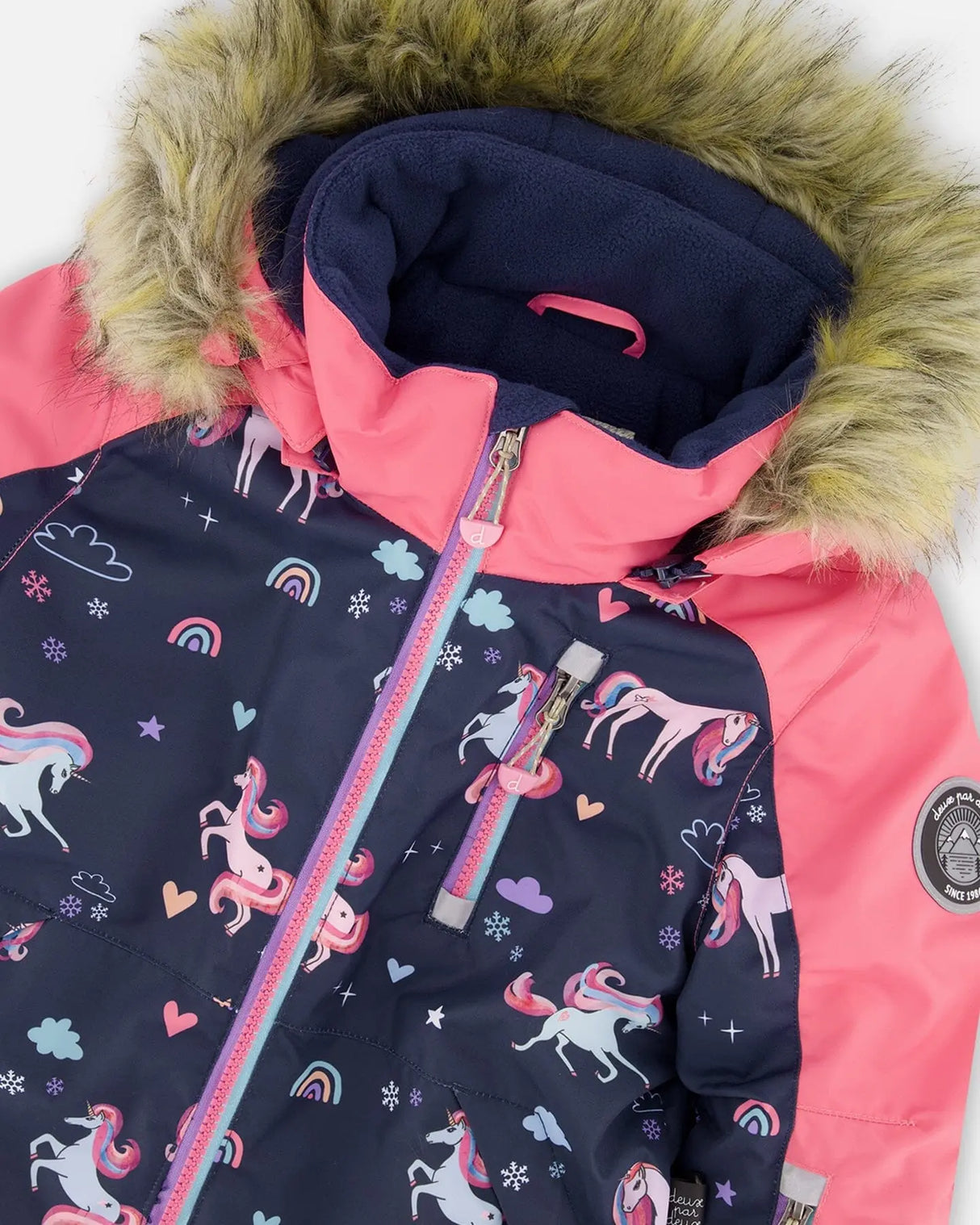 One-Piece Play Snowsuit Navy Unicorn Print | Deux par Deux | Jenni Kidz