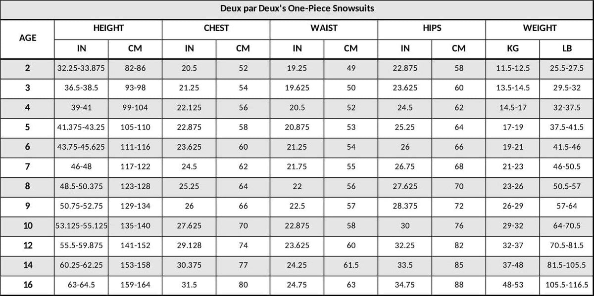 Deux par Deux one-piece snowsuit size guide