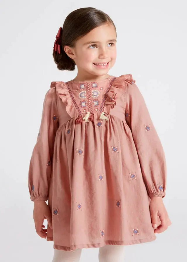 Pink Long Sleeve Embroidered Girls Dress With Fringers | Mayoral | Mayoral | Jenni Kidz