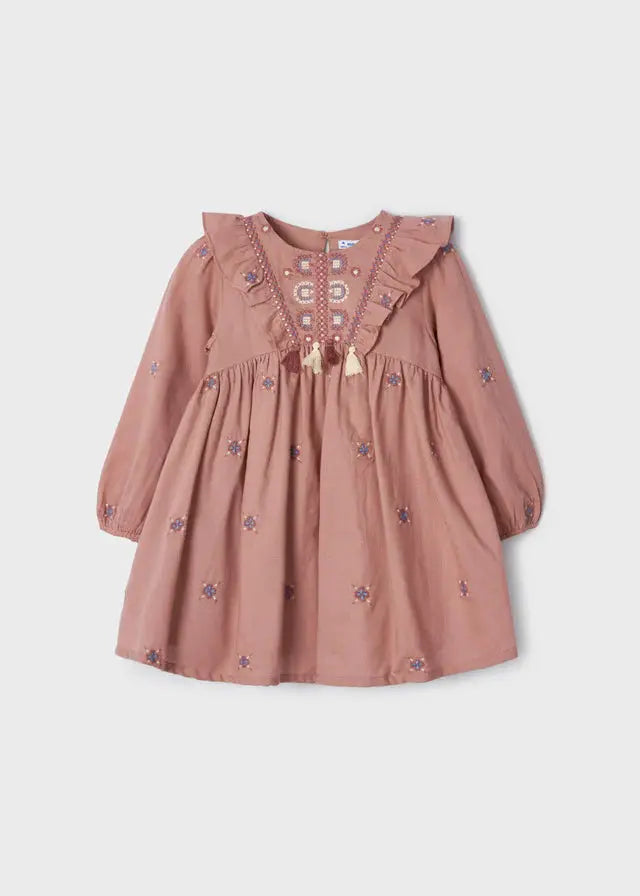 Pink Long Sleeve Embroidered Girls Dress With Fringers | Mayoral | Mayoral | Jenni Kidz