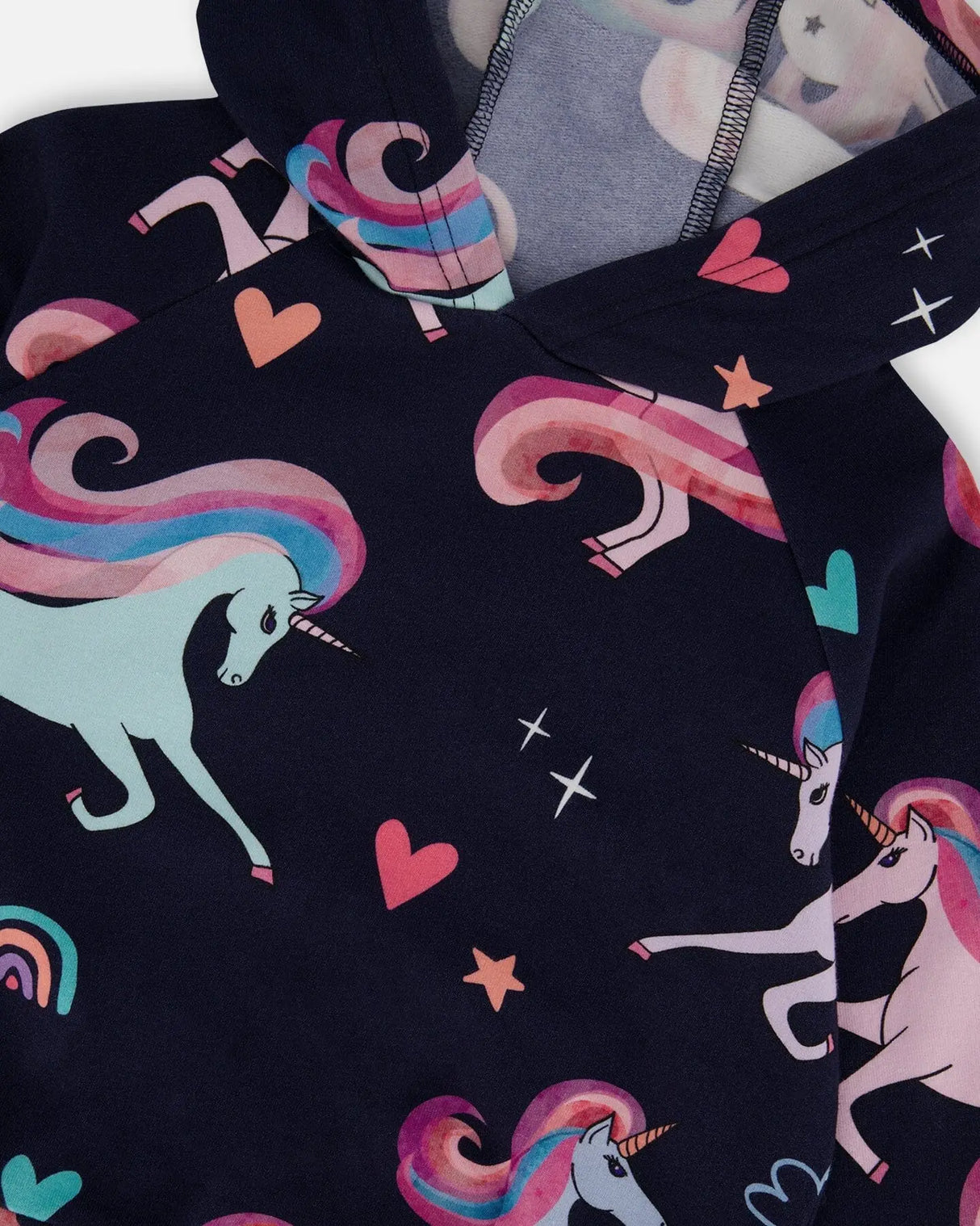 Pullover Fleece Hoodie Navy Unicorn Print | Deux par Deux | Jenni Kidz