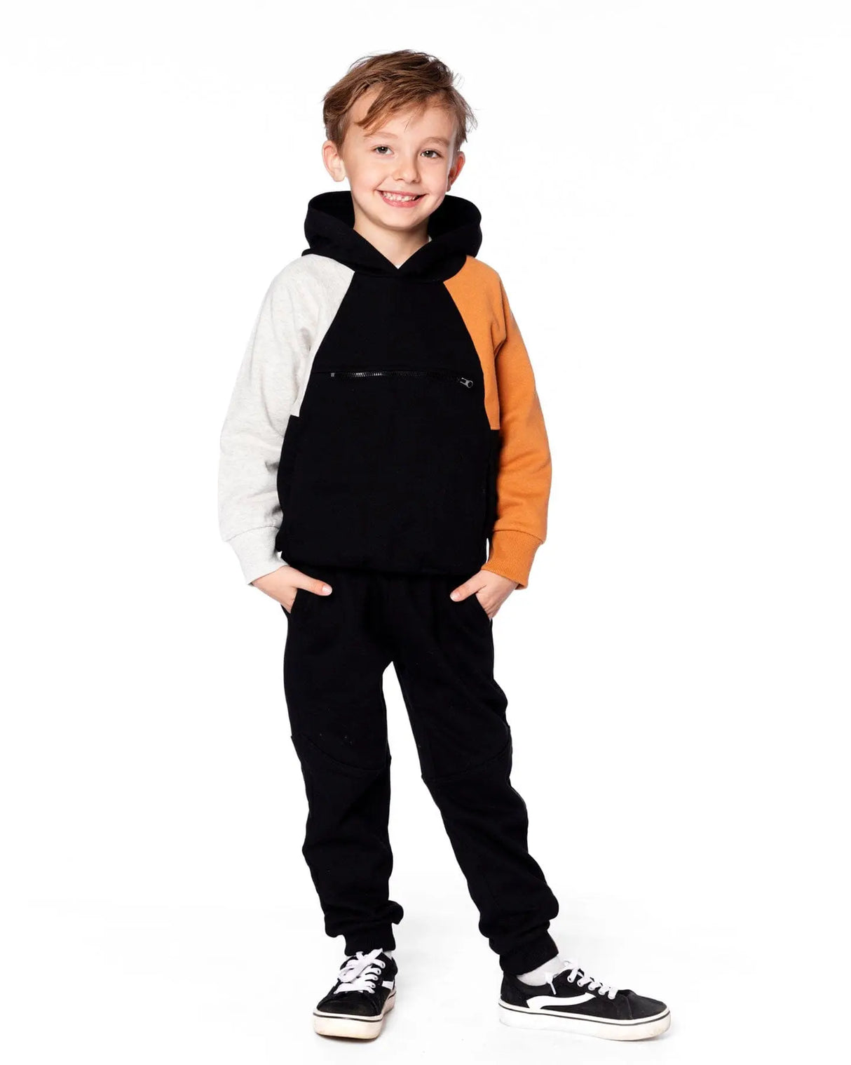 Pullover Hooded Fleece Sweatshirt With Zip Pocket Black | Deux par Deux | Jenni Kidz