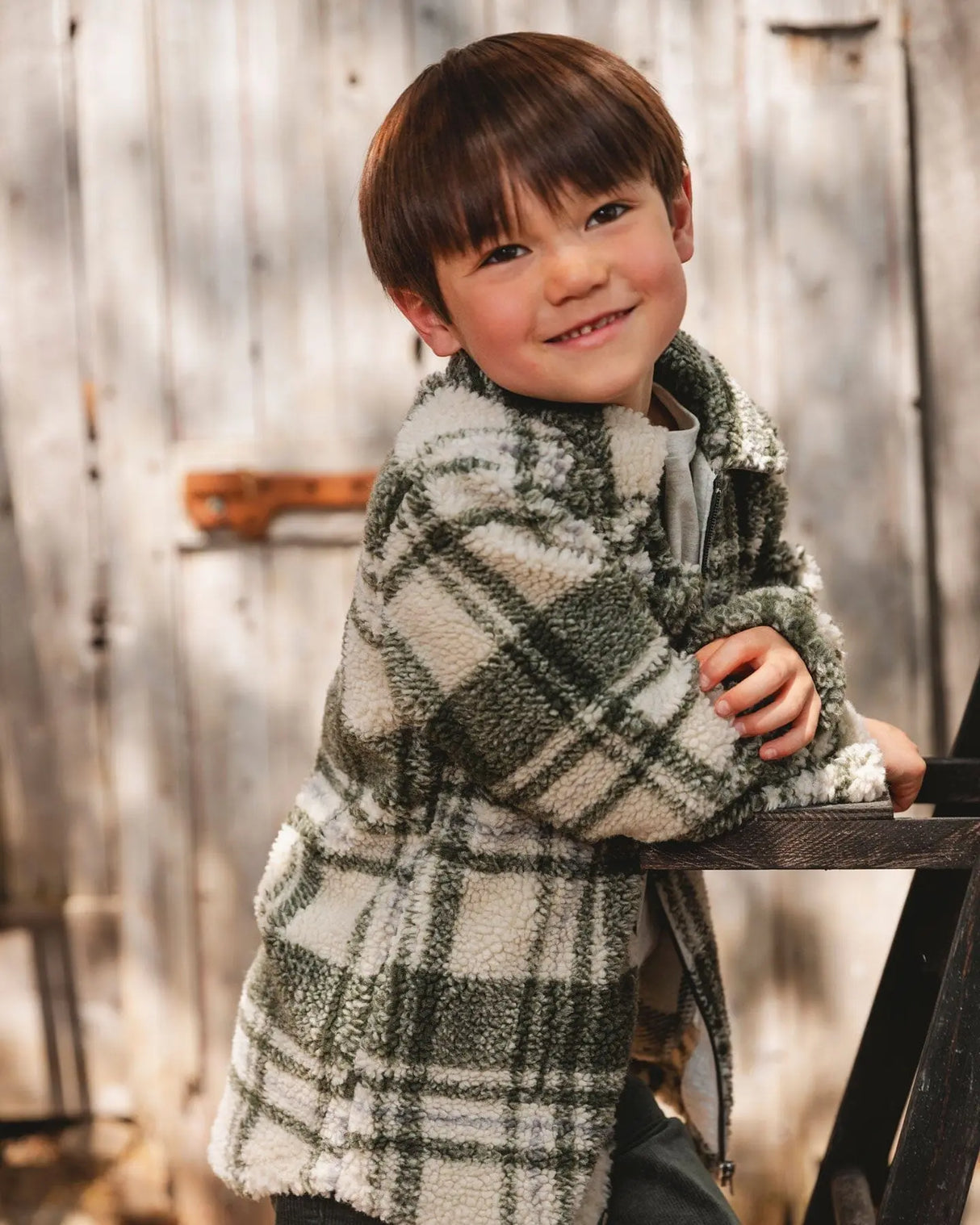 Sherpa Long Sleeve Zip Front Overshirt Sage And Beige Plaid | Deux par Deux | Jenni Kidz
