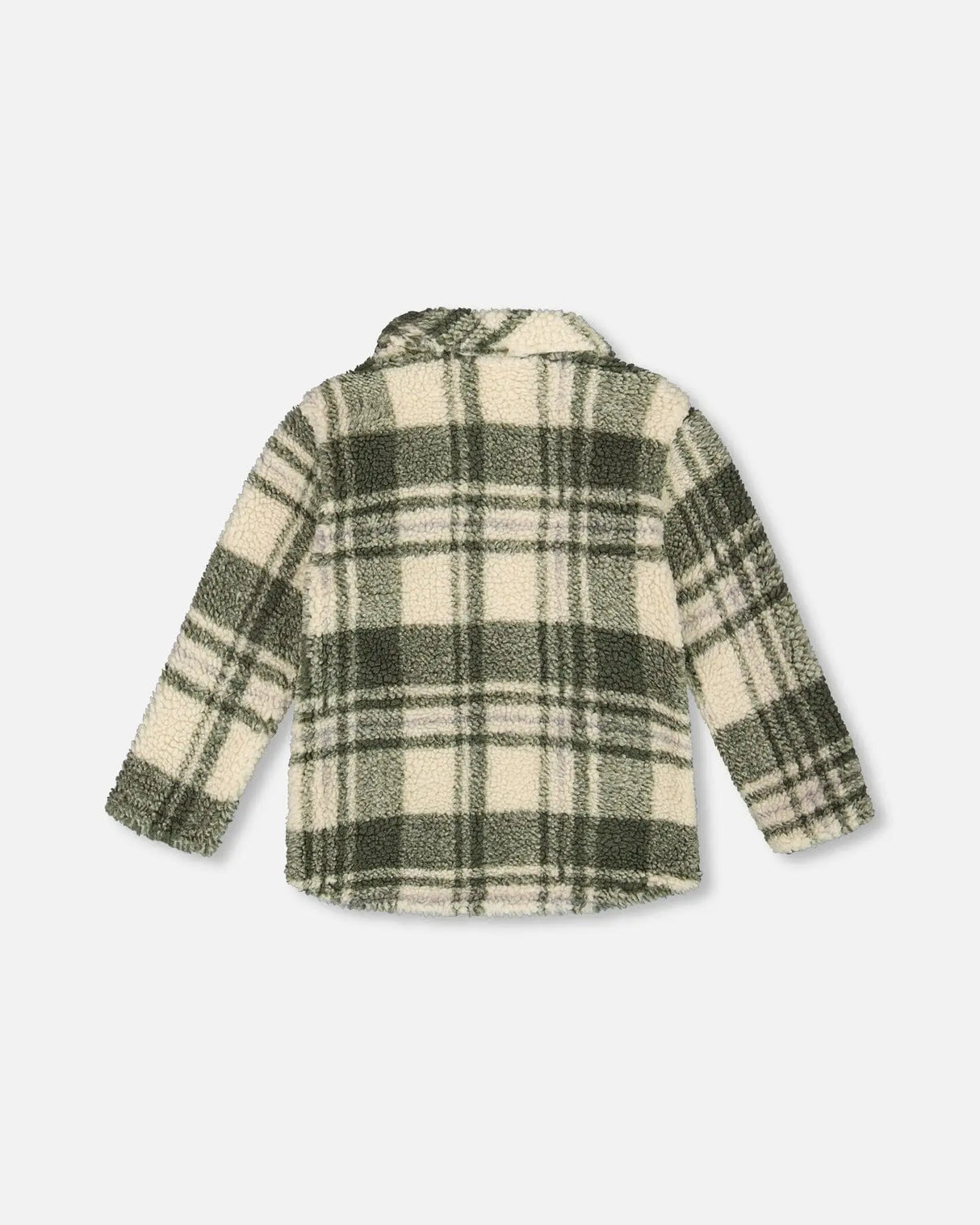 Sherpa Long Sleeve Zip Front Overshirt Sage And Beige Plaid | Deux par Deux | Jenni Kidz