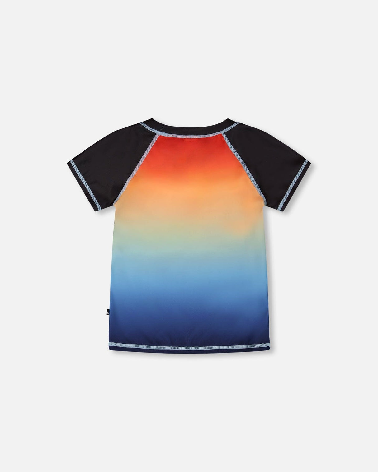 Back view of blue and orange gradient short sleeve rashguard with contrast black sleeves