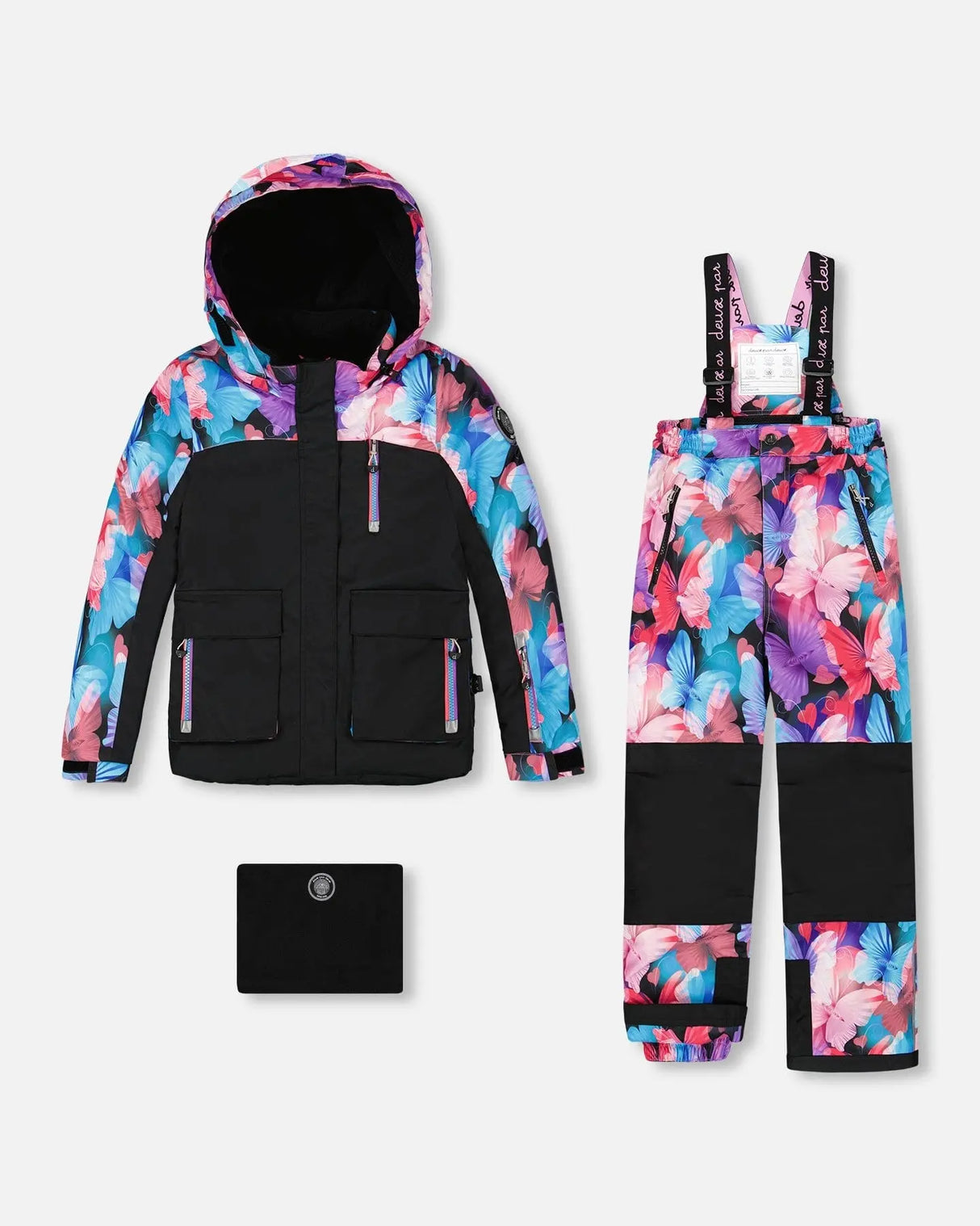 Girls two-piece ski suit — black butterfly-print jacket with black pants, waterproof to −30C.