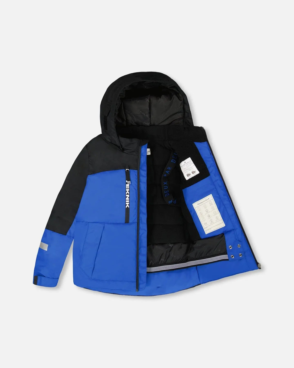 Flat lay — royal blue/black jacket and snow pants, ships fast — buy no