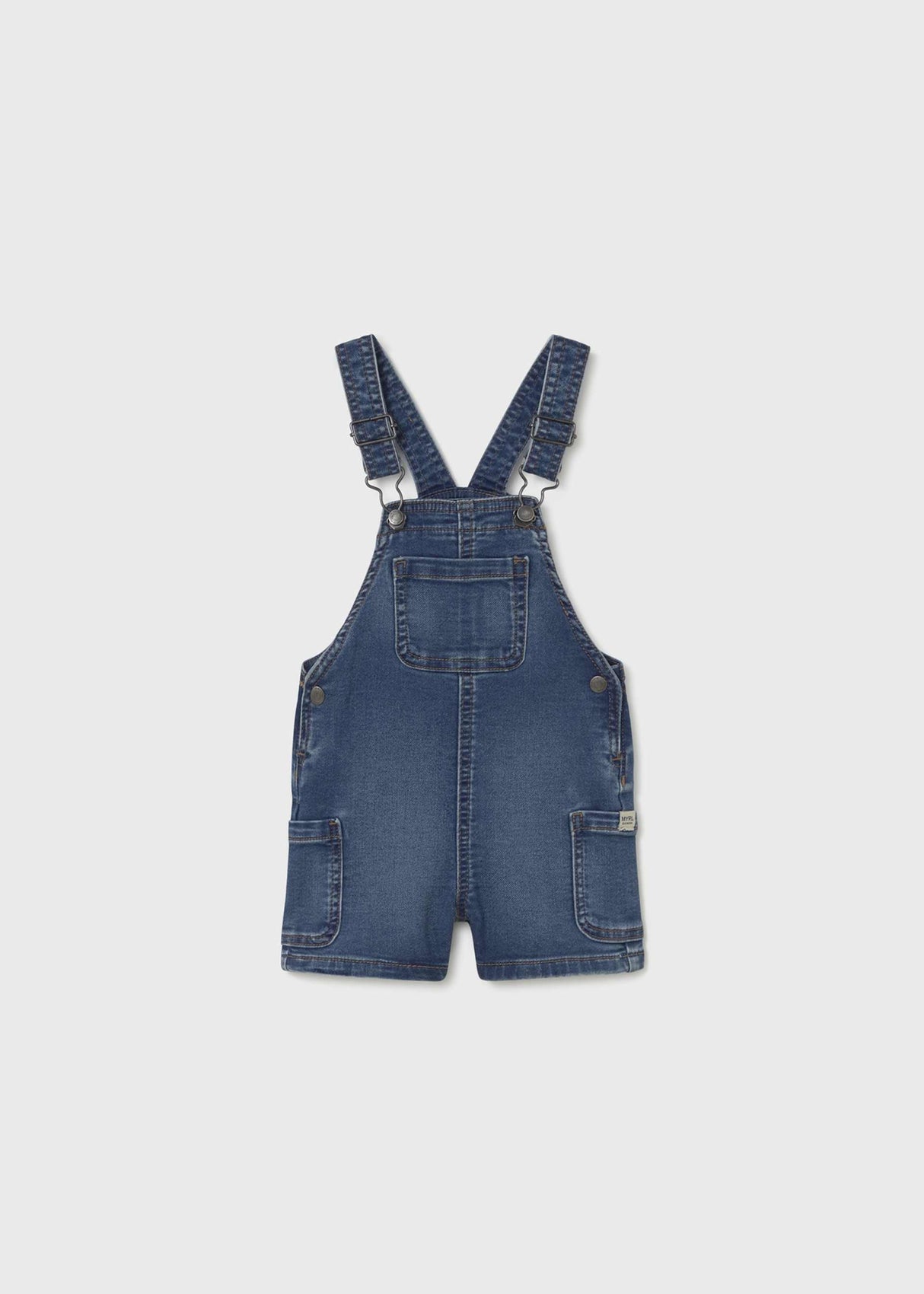 Mayoral baby Blue denim short overall romper with front bib, pockets, and cotton-blend stretch.