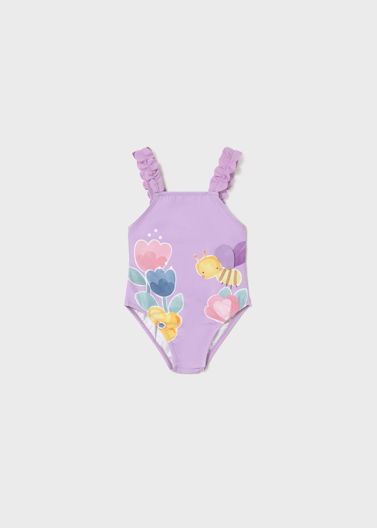 Mayoral baby girl Lilac graphic one-piece swimsuit with ruffled straps and colorful front print.
