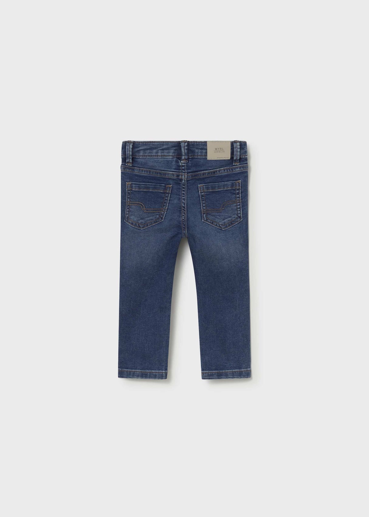 Back view of Mayoral baby slim fit jeans showing Dark Blue denim wash and pocket details.