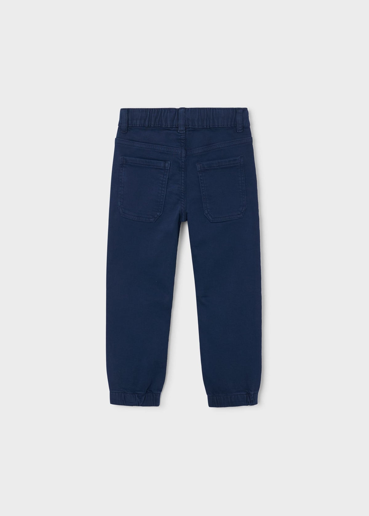 Back of the navy jogger pants with two back pockets and elastic cuffs