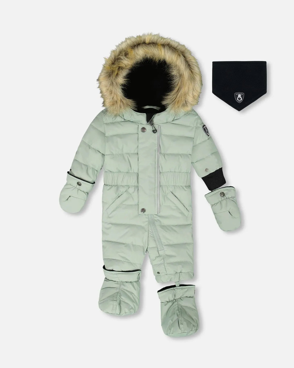 Deux Par Deux One-Piece Baby Original Puffy Snowsuit Sage Green with mitts and boots
