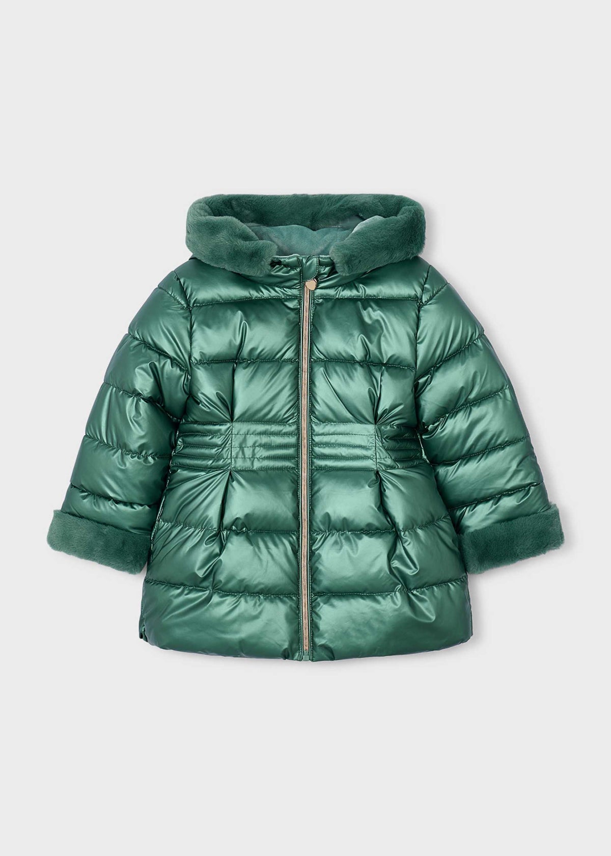 Metallic green hooded puffer jacket with faux fur trim and gold zip, Mayoral girls