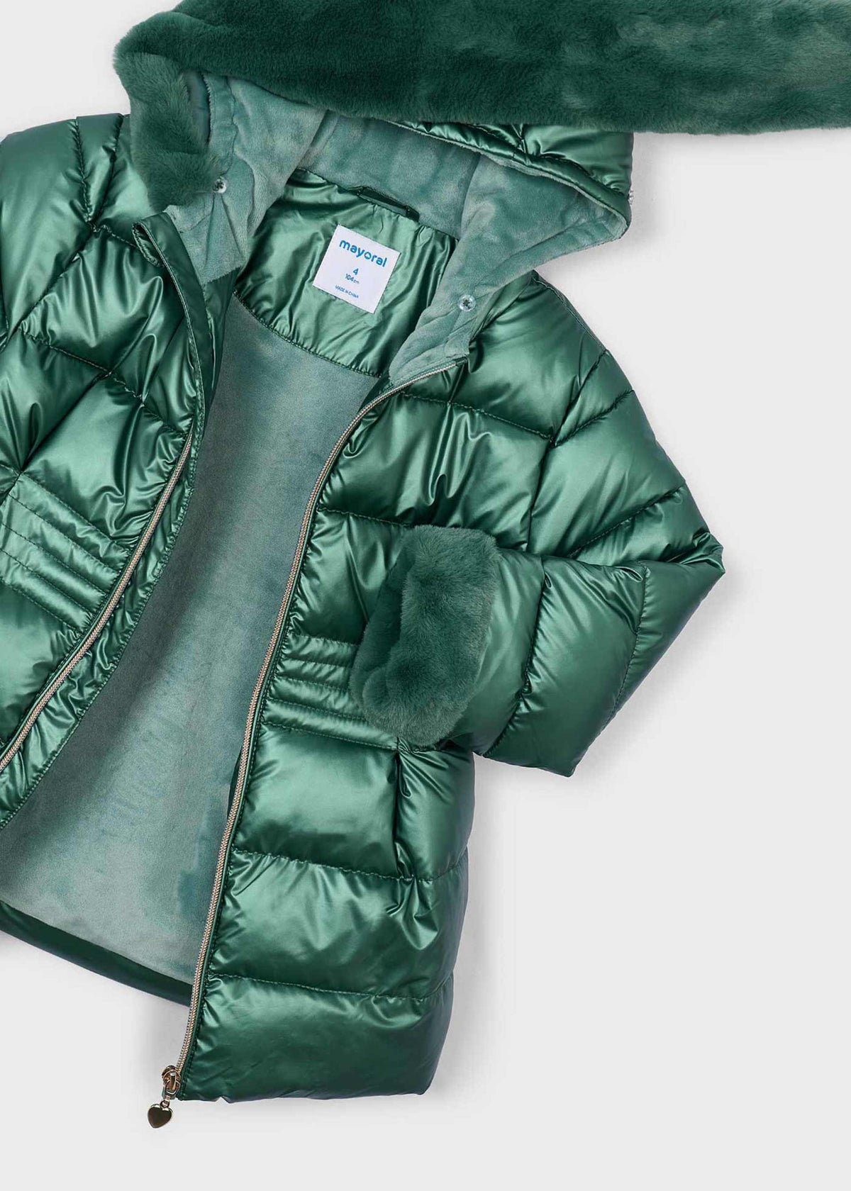 Open metallic green puffer jacket showing the lining and faux fur cuff