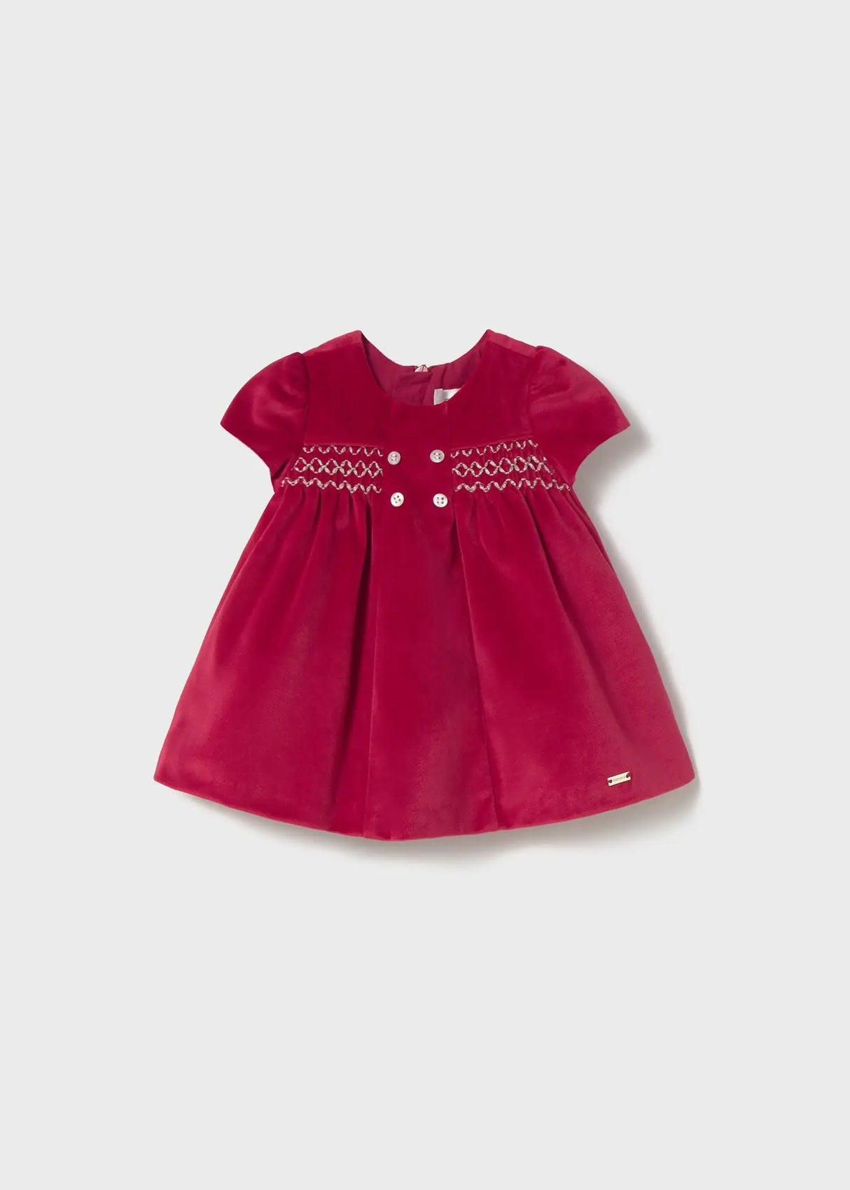 Mayoral Newborn Girl Velvet Dress red front view, smocked detail, soft holiday velvet
