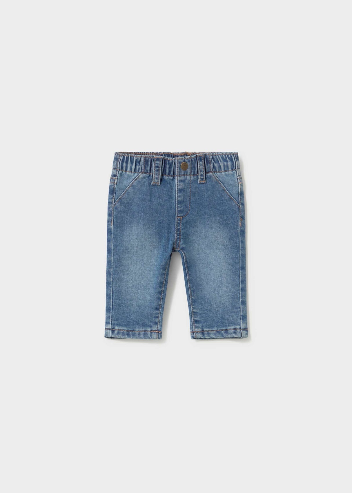 Mayoral newborn baby boy jeans in blue denim with soft stretch cotton-blend fabric.