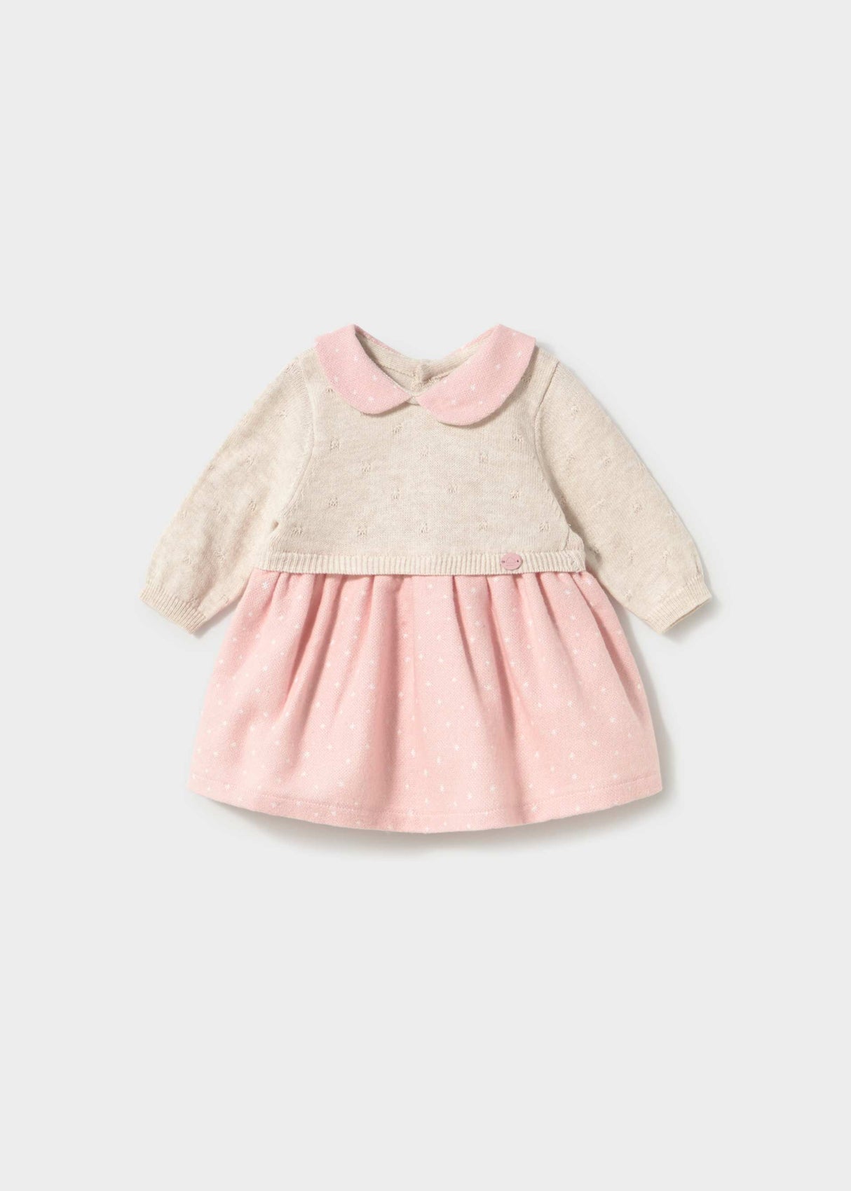 Mayoral newborn baby girl knit dress in Ivory and Pink with long sleeves and soft cotton lining.