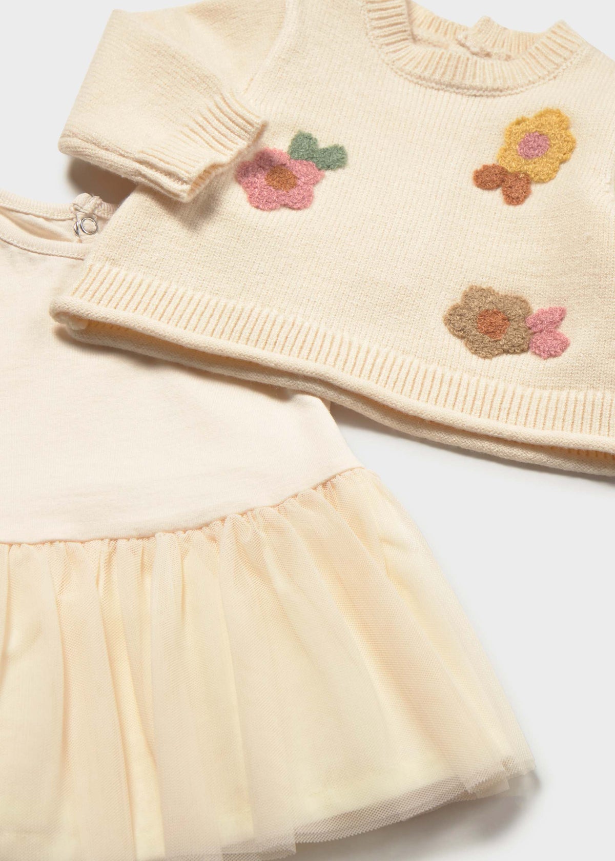 Close-up of pink, mustard and brown flower motifs on the cream knit top