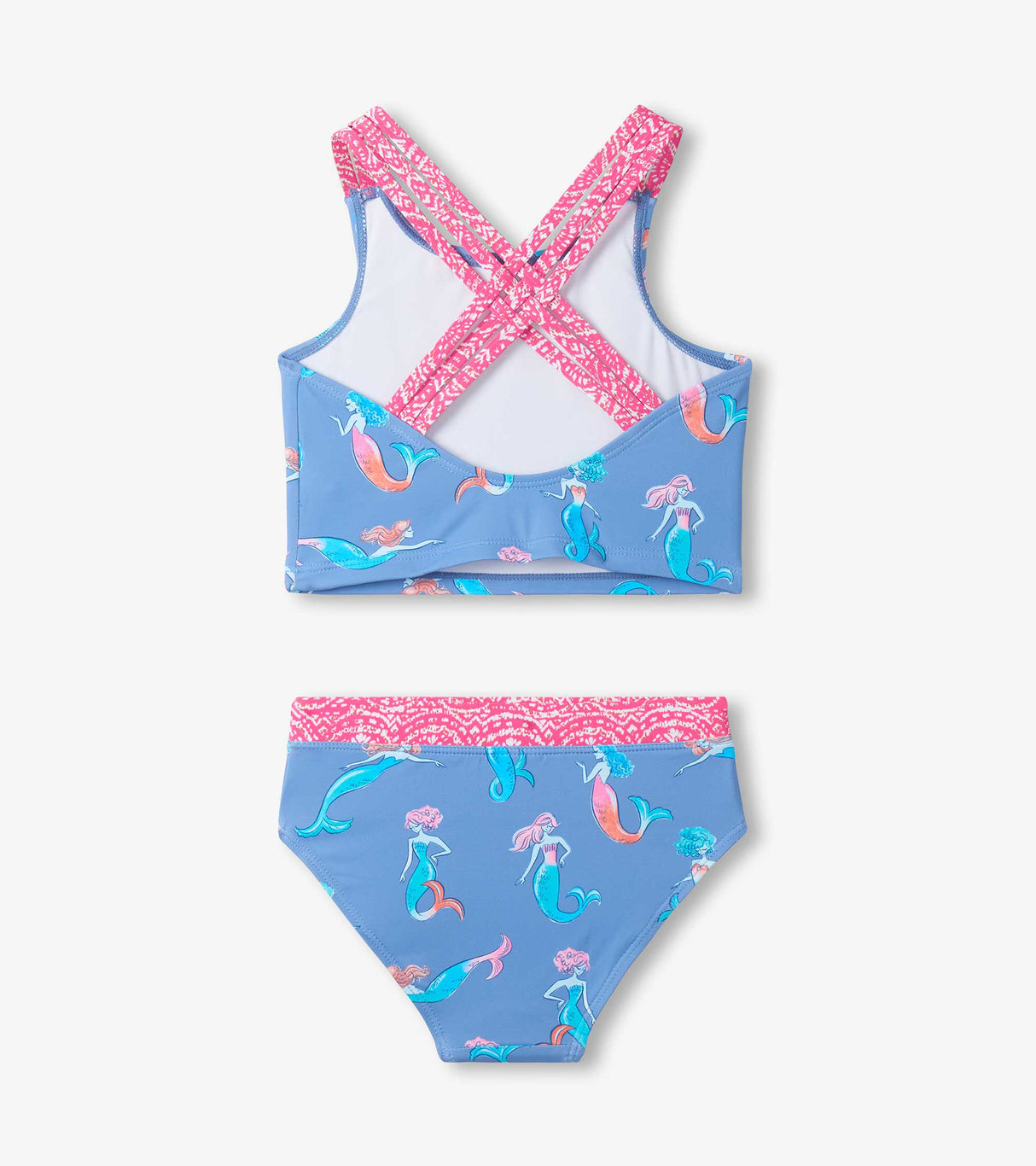 Back view of girls mermaid tankini swimsuit showing triple crisscross straps and coordinated patterned trim.