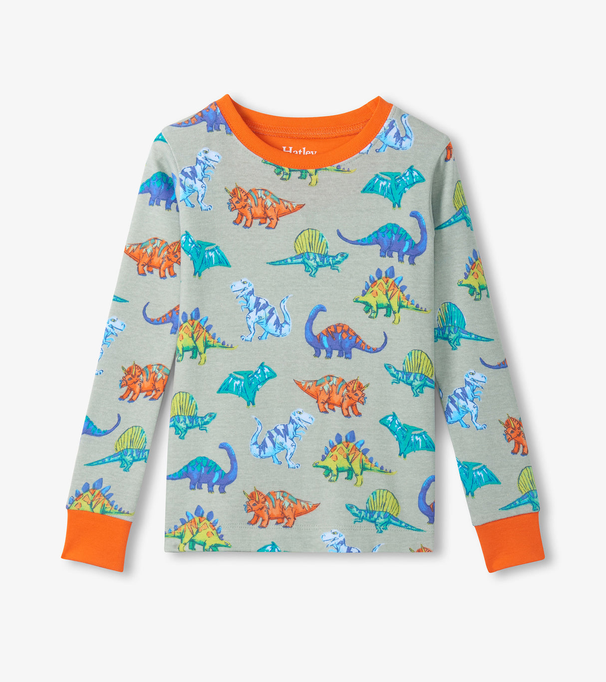 Hatley kids pajama top with colorful dinosaur print and long sleeves
