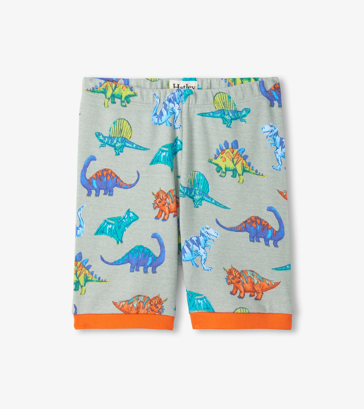 Hatley boys matching dinosaur pajama shorts with orange waistband, leg trim, and soft organic cotton feel.