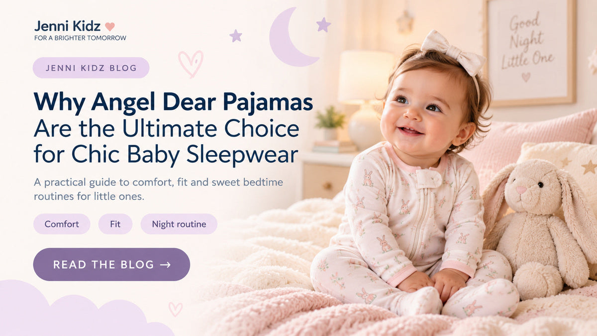 Baby in light bunny-print pajamas in a pastel bedroom, beside the Jenni Kidz Angel Dear pajama guide.