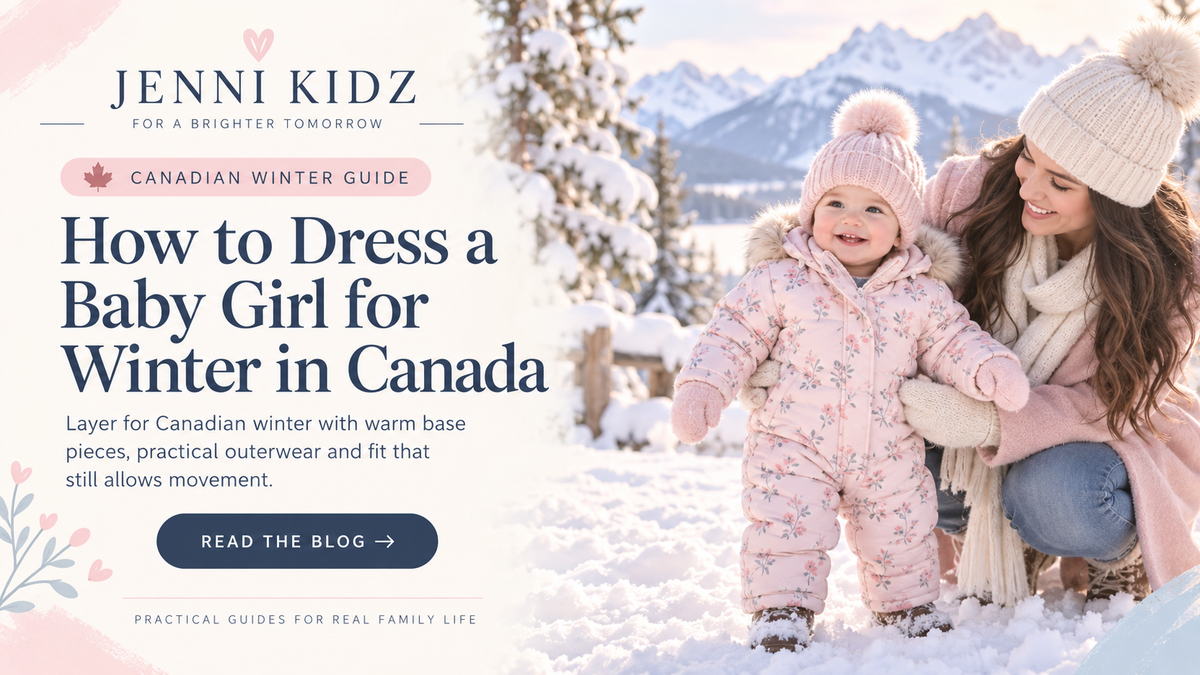 Mother with a baby girl in a pink snowsuit outdoors in the snow, illustrating winter dressing in Canada.