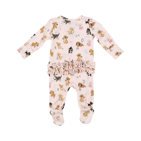 Two Way Zipper Ruffle Back Footie - Puppy Alphabet Pink | Angel Dear