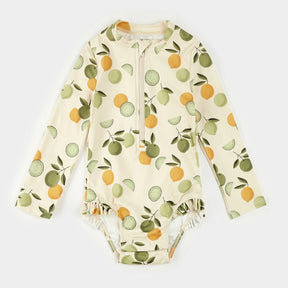 Citrus print long-sleeve one-piece swimsuit in antique white by Petit Lem, flat lay front view.