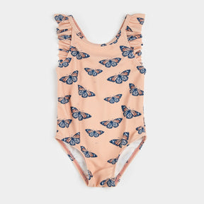 Petit Lem baby girls and girls Papaya butterfly one-piece swimsuit with UPF 50+ and ruffled straps.