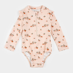 Petit Lem girls Creme Tan orange-print long-sleeve one-piece swimsuit – front view