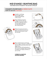 Instruction diagram: installing the pink animal print Deux par Deux bunting bag in an infant car seat