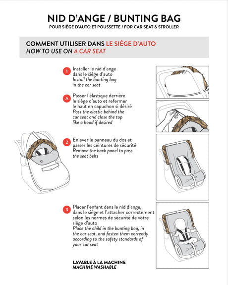Car seat installation steps for the black Deux par Deux bunting bag (instruction diagram)