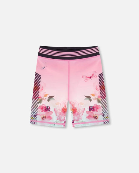 Athletic Biker Shorts Gradient Pink Printed Big Flowers | Deux par Deux | Jenni Kidz