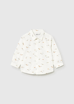 Mayoral baby boy Cream animal print button-up shirt with long sleeves, collar, and soft cotton fabric.