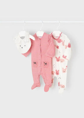 Mayoral baby girl pink romper and bib set with bunny print, striped romper, and matching white bib.