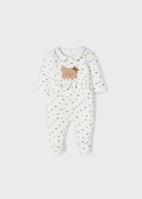 Mayoral baby girl padded warm cotton romper in white multi print with long sleeves, zip closure, and cute bear graphic.