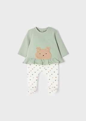 Mayoral baby girl mint legging outfit set with long sleeve bear graphic top and printed gaiter-style pants.